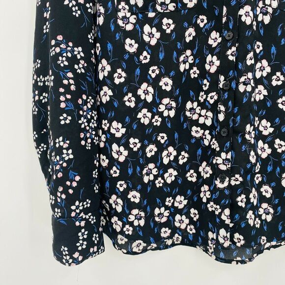 Express Size Small Black & Blue Floral Long Sleeve Button Down Career Blouse Top - Picture 5 of 9